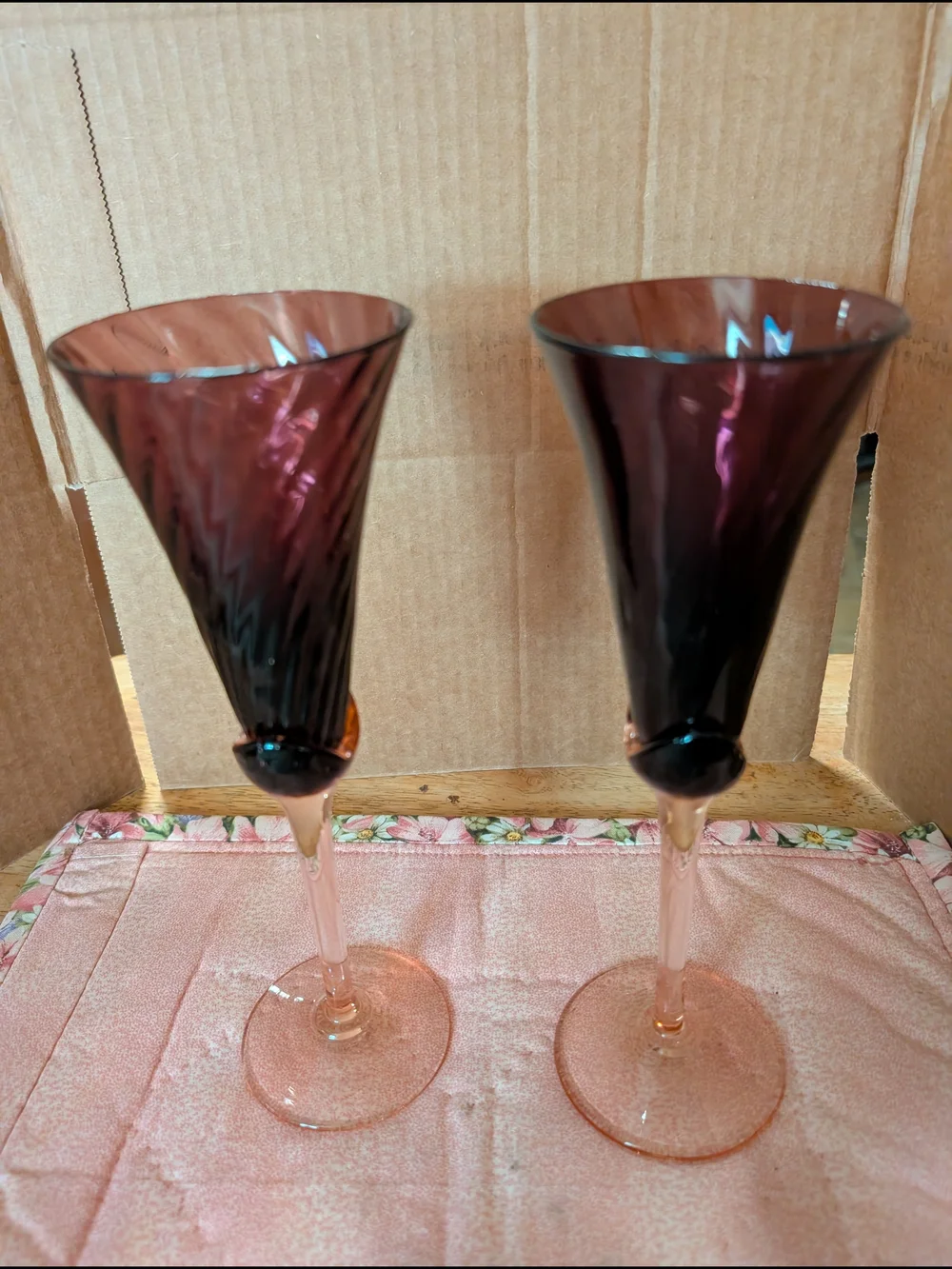 Handblown Amethyst and Pink Glass Champagne Flutes - Brand